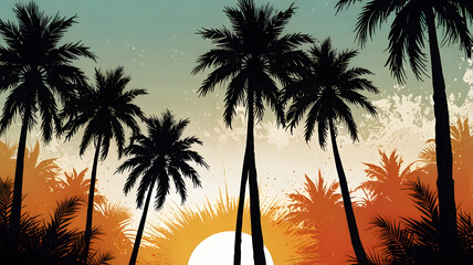Tropical Sunset with Palm Tree Silhouettes and Colorful Sky