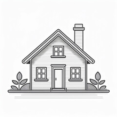 Minimalist black and white line art illustration of a cozy house with a chimney and garden plants. Perfect for architectural design, real estate, and home-themed projects.
