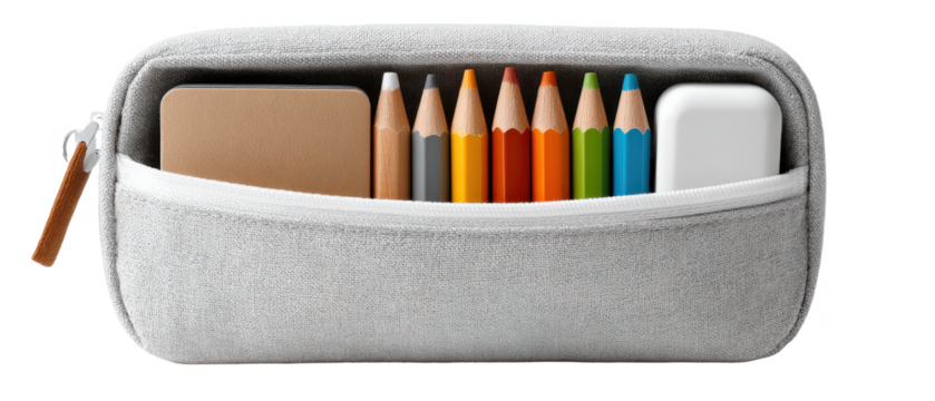 A gray pencil case containing colored pencils, a beige notebook, and an eraser neatly arranged inside. - Powered by Adobe