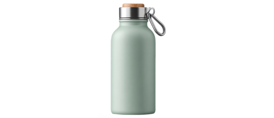 A matte light green stainless steel water bottle with a wooden screw cap and a metal loop for easy carrying.