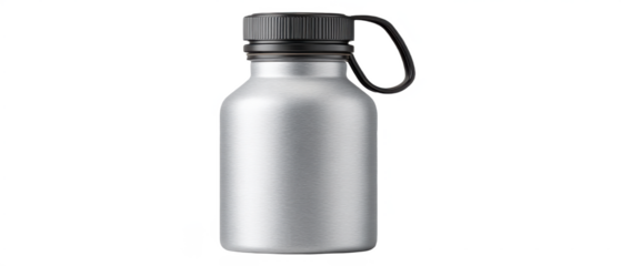 A silver metal water bottle with a black screw-on cap and attached loop handle.