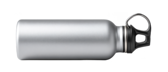 A sleek metallic water bottle with a secure screw-on cap and a loop handle for easy carrying.