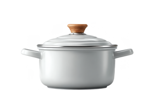 White cooking pot with a lid featuring a wooden knob, equipped with two side handles.