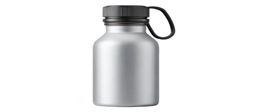 A silver metal water bottle with a black screw-on cap and attached loop handle.