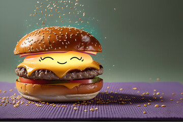 Cute Smiling Cheeseburger with Cartoon Face and Sesame Seeds Generative AI