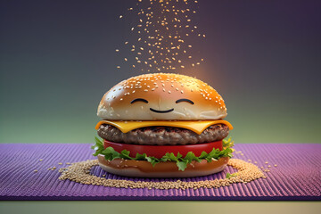 Cute Smiling Cheeseburger with Cartoon Face and Sesame Seeds Generative AI