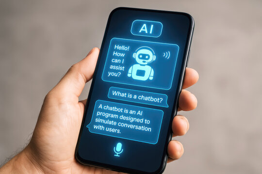 Hand holding smartphone displaying chatbot conversation artificial intelligence