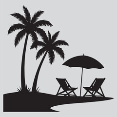 Tropical Paradise Silhouette with Palm Trees Beach Chairs and Umbrella Evoking Relaxation and Serenity in a Minimalist Design