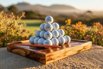 A pyramid of golf balls sitting on a wooden tray with a tee, golf course background, representing golf practice session and a sunny day on the green field. Golfing theme.