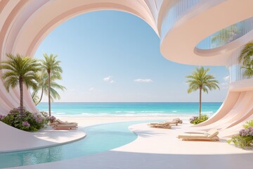 Fototapeta premium Serene Coastal Architecture Featuring Curved Structures and Lush Palm Trees Overlooking a Tranquil Ocean Horizon on a Beautiful Sunny Day