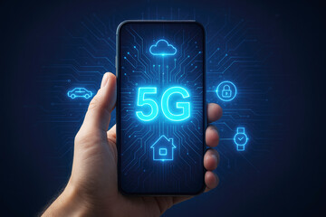 Hand holding smartphone displaying glowing blue 5G technology icons mobile phone