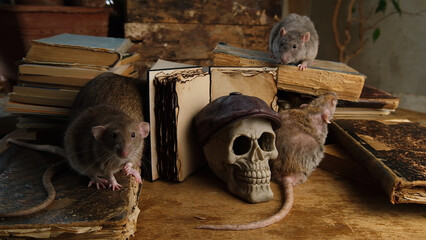 Brown rat, old antique books and human skull.