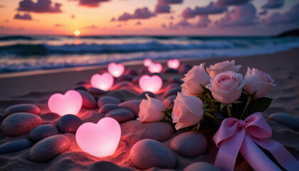 A romantic sunset beach scene with heart shaped glowing lights, white roses and pink ribbon creating a serene and intimate atmosphere