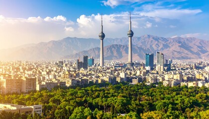 Fototapeta premium Panoramic city view with twin towers and mountains