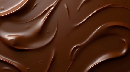 A rich, smooth, and delicious melted dark chocolate swirl background. A perfect texture for dessert, confectionery, or sweet food concepts. Close-up liquid cocoa cream.