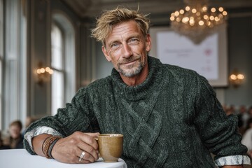 Stylish mature man with blond hair, wearing a green cable knit sweater, posing and drinking coffee during a business meeting indoors, exuding a confident and relaxed demeanor.