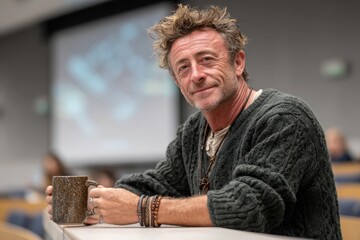 A pensive middle-aged man with messy hair holding a coffee mug, wearing bracelets, indoors, leaning towards the camera in a conference, thoughtful expression.