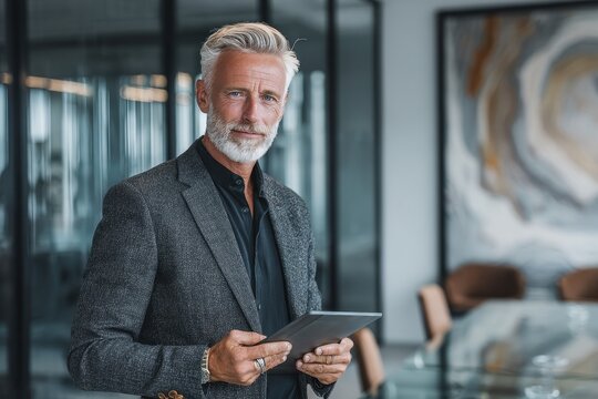 Portrait of a confident mature businessman with gray hair using a tablet in modern office setting, showcasing professionalism and tech savviness in the workplace.