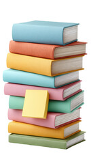Fototapeta premium A stack of colorful hardcover books with a yellow sticky note attached to one of the middle books.