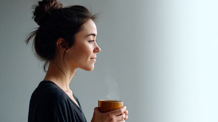 Young woman with hair bun, wearing a black shirt, holding a steaming mug in her hands and looking out the window with a thoughtful expression, enjoying a quiet moment of contemplation