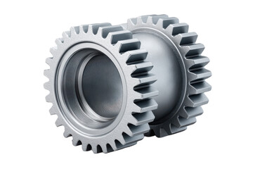 Two interlocking silver gears with fine teeth and intricate internal threading, designed for mechanical transmission of power.