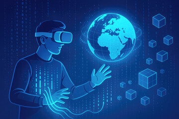 Man interacting with digital earth and cubes in virtual reality digital world