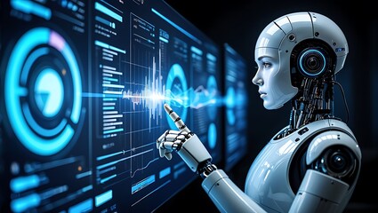 Humanoid robot interacting with futuristic holographic interface displaying data and charts