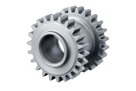 Two interlocking silver metal gears with detailed teeth and textured surfaces positioned together.