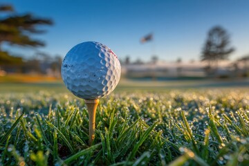 Close-up of a golf ball on a tee, sitting on lush green grass covered in morning dew, with a blurred golf course background under a clear blue sky, symbolizing a fresh start.