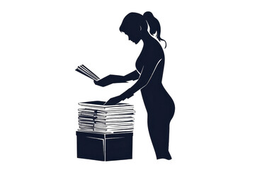Woman packing files in briefcasevector illustration isoleted on white background in silhouette .