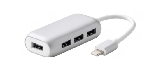 A sleek white USB-C hub with multiple USB-A ports designed for expanding connectivity options.