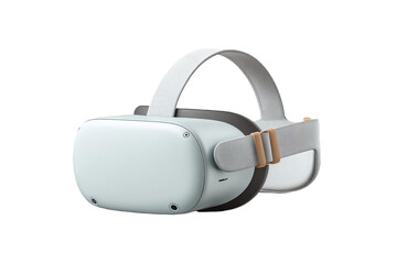 A sleek, modern virtual reality headset with adjustable fabric straps and a smooth white front panel designed for immersive digital experiences.