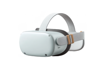 A sleek, modern virtual reality headset with adjustable fabric straps and a smooth white front panel designed for immersive digital experiences.