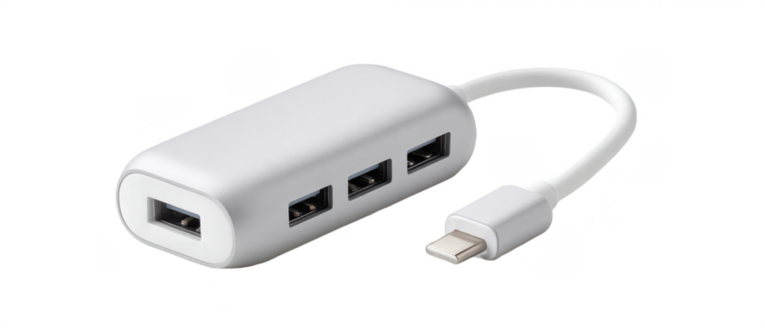 A sleek white USB-C hub with multiple USB-A ports designed for expanding connectivity options.