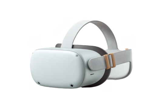 A sleek, modern virtual reality headset with adjustable fabric straps and a smooth white front panel designed for immersive digital experiences.