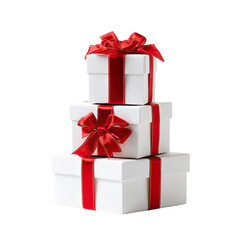 Stacked white gift boxes with red ribbons