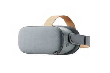 A modern virtual reality headset with a textured fabric exterior and adjustable strap designed for immersive digital experiences.