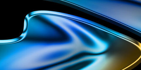 Futuristic digital wave background in glossy liquid surface blue and gold hues with metallic flow, elegant light reflections, perfect for luxury cosmetic visuals, high-tech display, or premium product