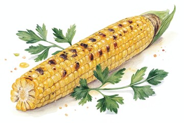 Grilled corn on the cob with char marks and fresh parsley garnish served on a rustic wooden table