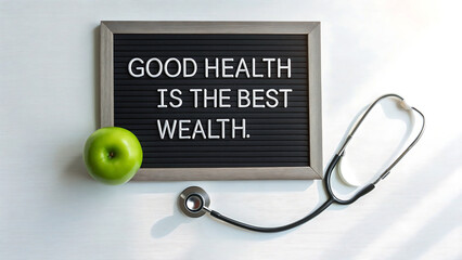 Good health is the best wealth message on a letter board with apple and stethoscope