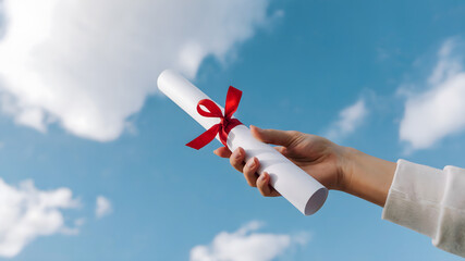 Celebrate achievement with a rolled diploma tied with a vibrant red ribbon held aloft against a clear blue sky with fluffy clouds, symbolizing success and future opportunities.
