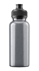A clear plastic sports water bottle with a black screw-on cap and droplets of water on its surface.