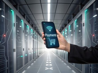 A hand holding a smartphone displaying a payment interface set against a backdrop of a modern server room symbolizing digital transactions