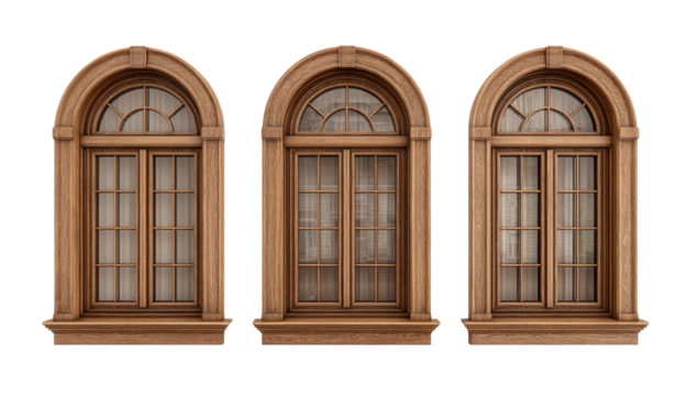 Three antique-style arched wooden windows