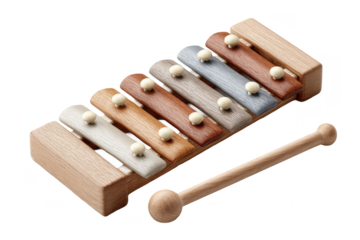 A wooden xylophone with seven colorful keys and a wooden mallet for playing.