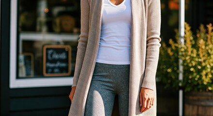 Woman wearing a light beige cardigan over a white top and gray leggings.
