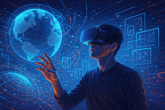 Man wearing virtual reality headset interacting with digital globe and data visualization