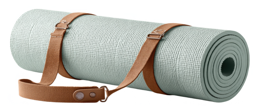 A rolled-up yoga mat secured with brown leather straps featuring metal buttons.