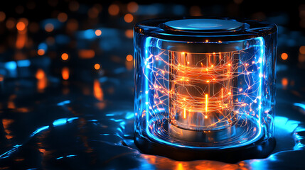 Compact energy storage core with animated pulse and glowing circuit patterns 