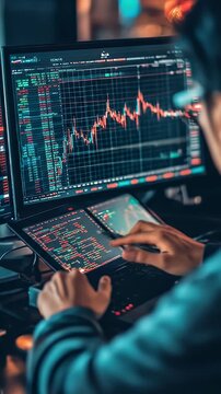 Person analyzes stock market data across multiple screens in a dark room